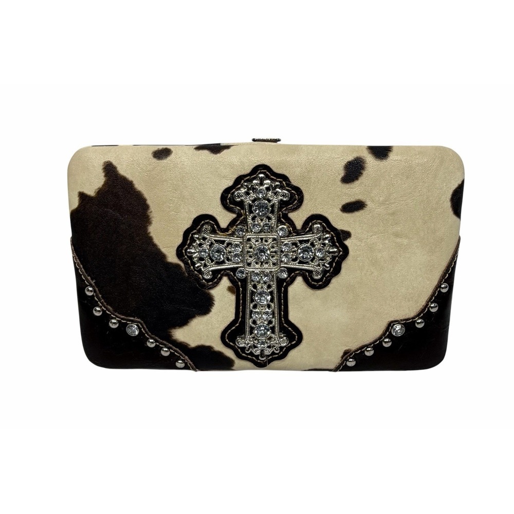 Country Road Animal Print Studded Rhinestone Cross Wallet Clutch. 7.25"